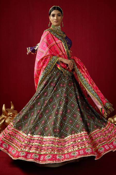 Mayyur Girotra Couture_Green Silk Gota Work V Neck Medika Lehenga Set _Online_at_Aza_Fashions