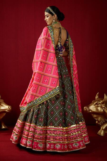 Buy_Mayyur Girotra Couture_Green Silk Gota Work V Neck Medika Lehenga Set _Online_at_Aza_Fashions
