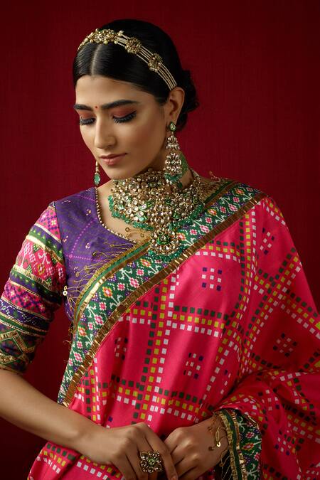 Shop_Mayyur Girotra Couture_Green Silk Gota Work V Neck Medika Lehenga Set _Online_at_Aza_Fashions