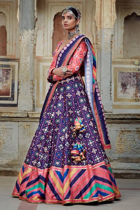 Mayyur Girotra Couture_Blue Silk, Organza Geometric Leaf Neck Shirin Lehenga Set _Online_at_Aza_Fashions