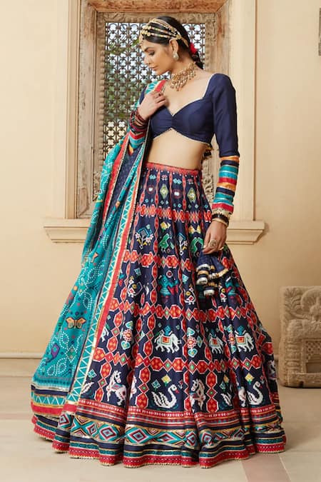 Buy_Mayyur Girotra Couture_Blue Silk Patola Print Sweetheart Neck Yashmi Lehenga Set _Online_at_Aza_Fashions