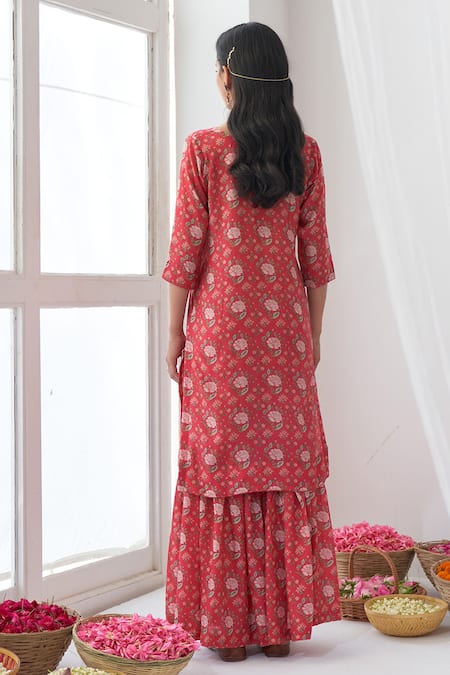 Shop Negra Elegante Pink Cotton Silk Digital Print, Mirror Work Round Peony Kurta And Sharara Set at Aza Fashions Shop_Negra Elegante_Pink Cotton Silk Digital Print, Mirror Work Round Peony Kurta And Sharara Set _at_Aza_Fashions