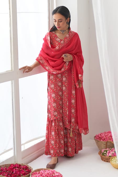 Buy Negra Elegante Pink Cotton Silk Digital Print, Mirror Work Round Peony Kurta And Sharara Set Online at Aza Fashions Buy_Negra Elegante_Pink Cotton Silk Digital Print, Mirror Work Round Peony Kurta And Sharara Set _Online_at_Aza_Fashions