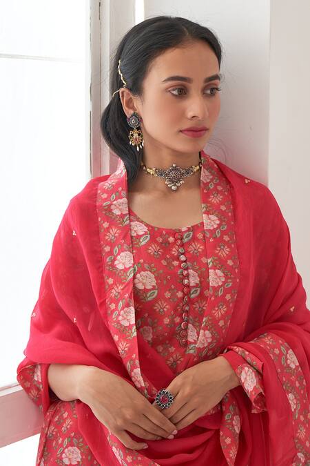 Shop Negra Elegante Pink Cotton Silk Digital Print, Mirror Work Round Peony Kurta And Sharara Set Online at Aza Fashions Shop_Negra Elegante_Pink Cotton Silk Digital Print, Mirror Work Round Peony Kurta And Sharara Set _Online_at_Aza_Fashions