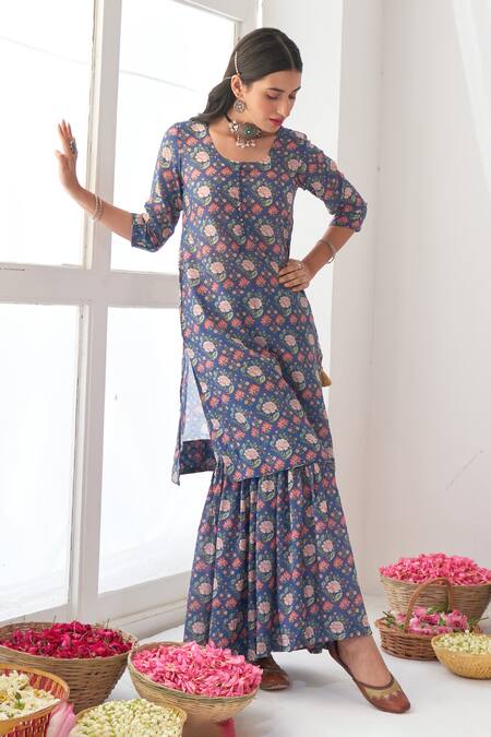 Negra Elegante Blue Cotton Silk Digital Print, Mirror Work Round Peony Kurta And Sharara Set Online at Aza Fashions Negra Elegante_Blue Cotton Silk Digital Print, Mirror Work Round Peony Kurta And Sharara Set _Online_at_Aza_Fashions