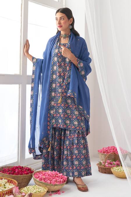 Buy Negra Elegante Blue Cotton Silk Digital Print, Mirror Work Round Peony Kurta And Sharara Set Online at Aza Fashions Buy_Negra Elegante_Blue Cotton Silk Digital Print, Mirror Work Round Peony Kurta And Sharara Set _Online_at_Aza_Fashions