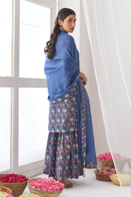 Shop Negra Elegante Blue Cotton Silk Digital Print, Mirror Work Round Peony Kurta And Sharara Set Online at Aza Fashions Shop_Negra Elegante_Blue Cotton Silk Digital Print, Mirror Work Round Peony Kurta And Sharara Set _Online_at_Aza_Fashions