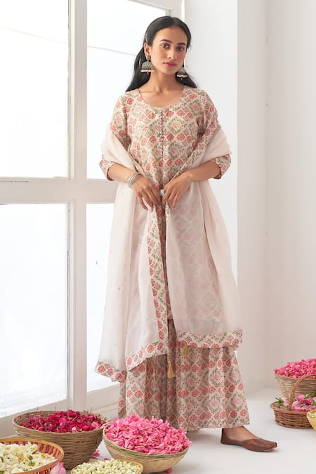 Negra Elegante_White Organza, Cotton Silk Digital Print, Mirror Work Peony Kurta And Sharara Set_Online_at_Aza_Fashions