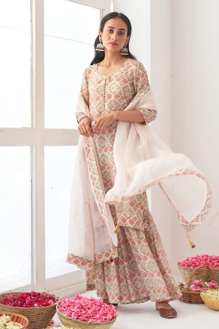 Buy_Negra Elegante_White Organza, Cotton Silk Digital Print, Mirror Work Peony Kurta And Sharara Set_Online_at_Aza_Fashions