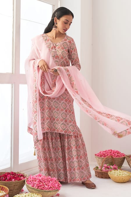 Negra Elegante_Pink Cotton Silk Digital Print, Mirror Work Round Peony Kurta And Sharara Set_Online_at_Aza_Fashions
