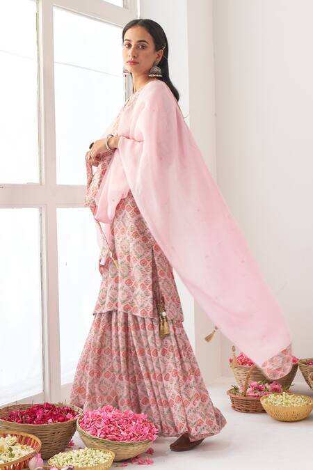 Shop_Negra Elegante_Pink Cotton Silk Digital Print, Mirror Work Round Peony Kurta And Sharara Set_Online_at_Aza_Fashions