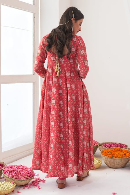 Shop Negra Elegante Pink Lycra, Cotton Silk Digital Print, Mirror Work V Peony Anarkali And Pant Set at Aza Fashions Shop_Negra Elegante_Pink Lycra, Cotton Silk Digital Print, Mirror Work V Peony Anarkali And Pant Set _at_Aza_Fashions
