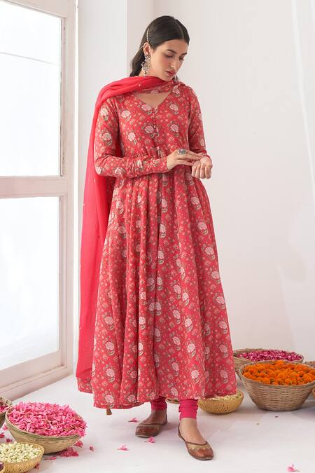 Negra Elegante Pink Lycra, Cotton Silk Digital Print, Mirror Work V Peony Anarkali And Pant Set Online at Aza Fashions Negra Elegante_Pink Lycra, Cotton Silk Digital Print, Mirror Work V Peony Anarkali And Pant Set _Online_at_Aza_Fashions