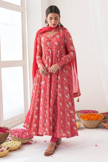 Buy Negra Elegante Pink Lycra, Cotton Silk Digital Print, Mirror Work V Peony Anarkali And Pant Set Online at Aza Fashions Buy_Negra Elegante_Pink Lycra, Cotton Silk Digital Print, Mirror Work V Peony Anarkali And Pant Set _Online_at_Aza_Fashions