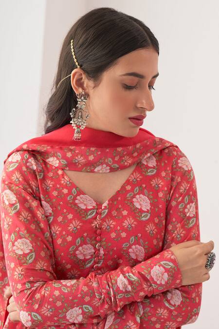 Shop Negra Elegante Pink Lycra, Cotton Silk Digital Print, Mirror Work V Peony Anarkali And Pant Set Online at Aza Fashions Shop_Negra Elegante_Pink Lycra, Cotton Silk Digital Print, Mirror Work V Peony Anarkali And Pant Set _Online_at_Aza_Fashions