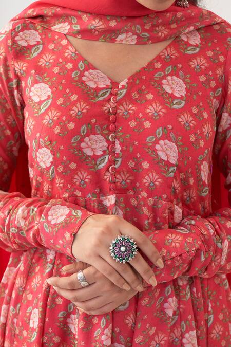 Negra Elegante Pink Lycra, Cotton Silk Digital Print, Mirror Work V Peony Anarkali And Pant Set at Aza Fashions Negra Elegante_Pink Lycra, Cotton Silk Digital Print, Mirror Work V Peony Anarkali And Pant Set _at_Aza_Fashions