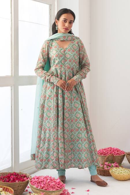 Negra Elegante Green Cotton Silk Digital Print, Mirror Work V Neck Peony Anarkali And Pant Set Online at Aza Fashions Negra Elegante_Green Cotton Silk Digital Print, Mirror Work V Neck Peony Anarkali And Pant Set _Online_at_Aza_Fashions