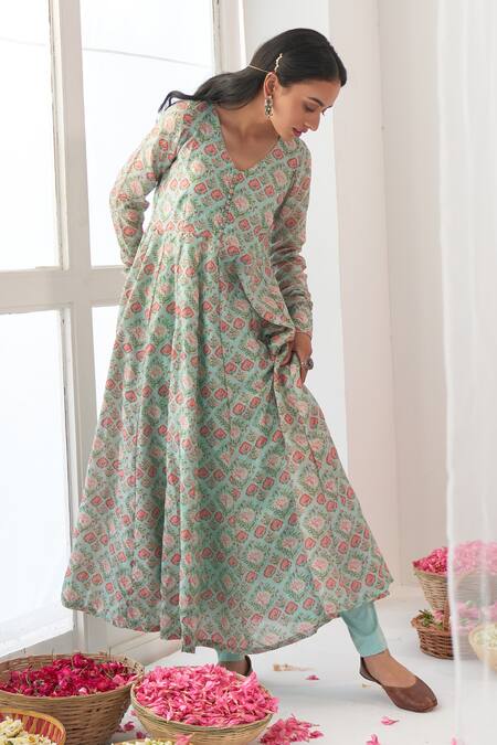 Buy Negra Elegante Green Cotton Silk Digital Print, Mirror Work V Neck Peony Anarkali And Pant Set Online at Aza Fashions Buy_Negra Elegante_Green Cotton Silk Digital Print, Mirror Work V Neck Peony Anarkali And Pant Set _Online_at_Aza_Fashions