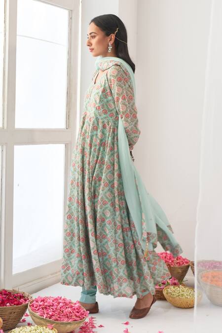 Shop Negra Elegante Green Cotton Silk Digital Print, Mirror Work V Neck Peony Anarkali And Pant Set Online at Aza Fashions Shop_Negra Elegante_Green Cotton Silk Digital Print, Mirror Work V Neck Peony Anarkali And Pant Set _Online_at_Aza_Fashions