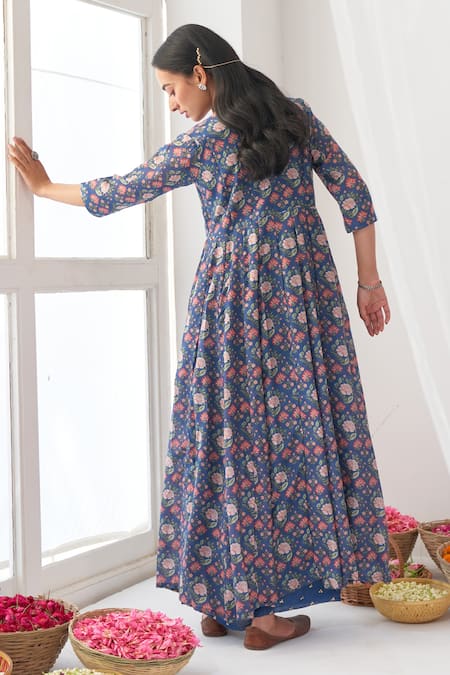 Shop Negra Elegante Blue Silk, Modal Digital Print, Mirror Peony Anarkali And Pant Set at Aza Fashions Shop_Negra Elegante_Blue Silk, Modal Digital Print, Mirror Peony Anarkali And Pant Set _at_Aza_Fashions