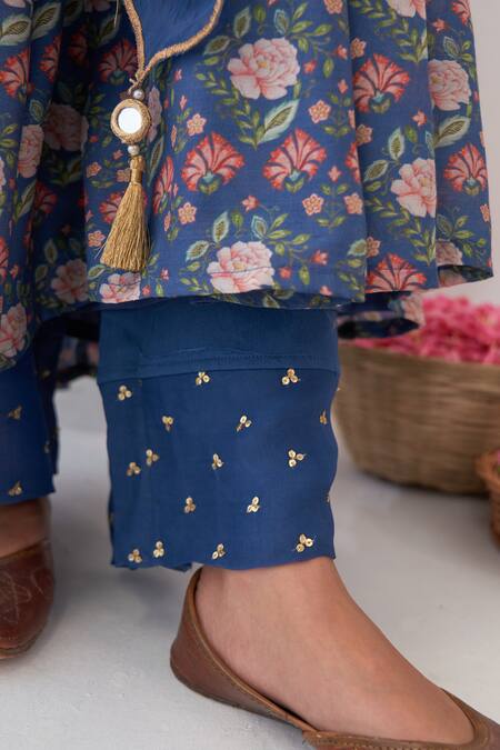 Buy Negra Elegante Blue Silk, Modal Digital Print, Mirror Peony Anarkali And Pant Set Online at Aza Fashions Buy_Negra Elegante_Blue Silk, Modal Digital Print, Mirror Peony Anarkali And Pant Set _Online_at_Aza_Fashions