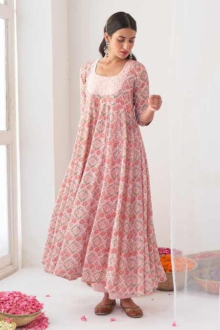 Buy_Negra Elegante_Pink Silk, Modal Digital Print, Mirror Peony Anarkali And Pant Set_Online_at_Aza_Fashions