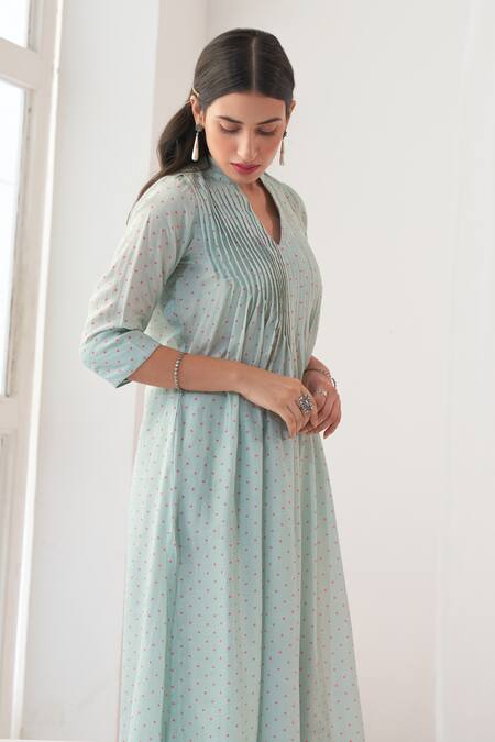 Buy_Negra Elegante_Green Chanderi, Cotton Silk Digital Print, Mirror Work Peony Kurta And Palazzo Set _Online_at_Aza_Fashions