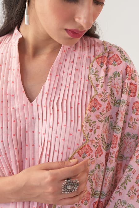 Negra Elegante_Pink Chanderi, Cotton Silk Digital Print, Mirror Work Peony Kurta And Palazzo Set_at_Aza_Fashions