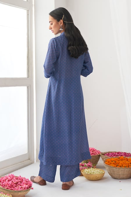 Shop Negra Elegante Blue Chanderi, Cotton Silk Digital Print, Mirrors V Neck Peony Kurta Set at Aza Fashions Shop_Negra Elegante_Blue Chanderi, Cotton Silk Digital Print, Mirrors V Neck Peony Kurta Set _at_Aza_Fashions