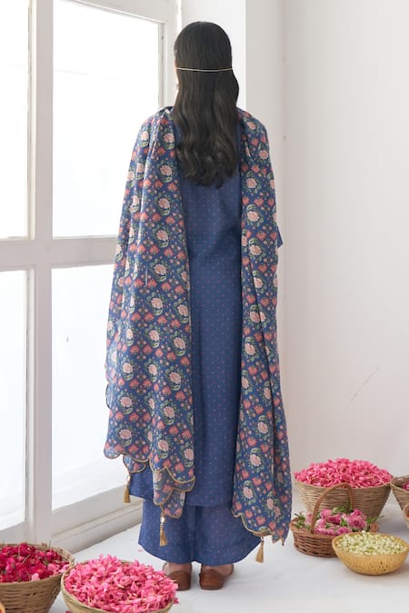 Shop Negra Elegante Blue Chanderi, Cotton Silk Digital Print, Mirrors V Neck Peony Kurta Set Online at Aza Fashions Shop_Negra Elegante_Blue Chanderi, Cotton Silk Digital Print, Mirrors V Neck Peony Kurta Set _Online_at_Aza_Fashions