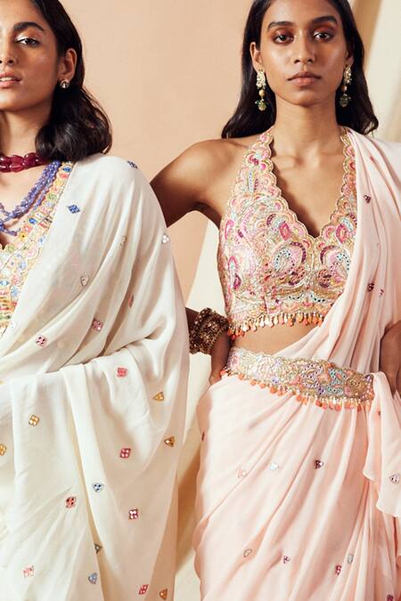 Buy Tamanna Punjabi Kapoor Peach Georgette Gota Work, Mirror Work, Embroidered Ruffle Saree With Blouse Online at Aza Fashions Buy_Tamanna Punjabi Kapoor_Peach Georgette Gota Work, Mirror Work, Embroidered Ruffle Saree With Blouse _Online_at_Aza_Fashions