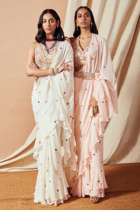 Shop Tamanna Punjabi Kapoor White Georgette Gota Work, Mirror Work, Embroidered Ruffle Saree With Blouse at Aza Fashions Shop_Tamanna Punjabi Kapoor_White Georgette Gota Work, Mirror Work, Embroidered Ruffle Saree With Blouse _at_Aza_Fashions