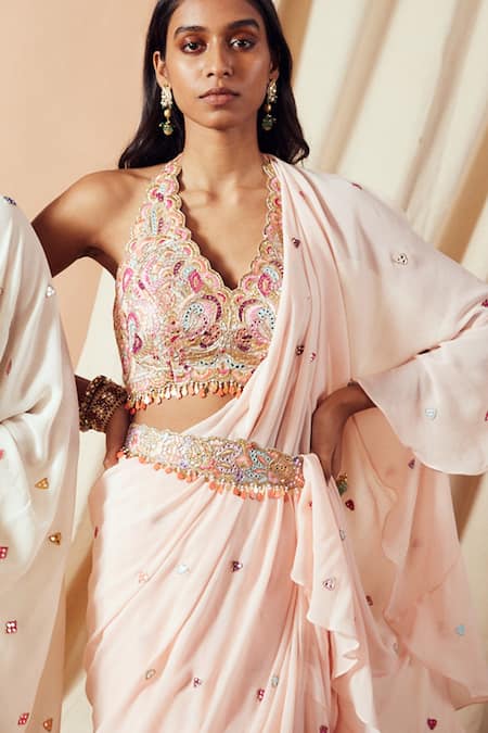 Tamanna Punjabi Kapoor White Georgette Gota Work, Mirror Work, Embroidered Ruffle Saree With Blouse at Aza Fashions Tamanna Punjabi Kapoor_White Georgette Gota Work, Mirror Work, Embroidered Ruffle Saree With Blouse _at_Aza_Fashions