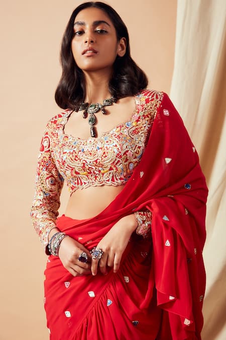Tamanna Punjabi Kapoor_Red Georgette Gota Work, Mirror Work, Embroidered Ruffle Saree With Blouse _Online_at_Aza_Fashions