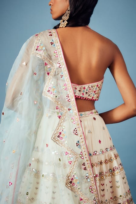 Shop_Tamanna Punjabi Kapoor_White Organza, Chanderi Foil Work, Gota Work, Embroidered Bridal Lehenga Set _at_Aza_Fashions