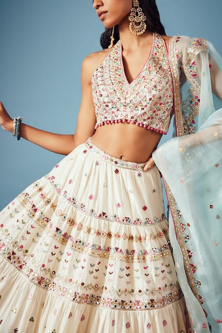 Buy_Tamanna Punjabi Kapoor_White Organza, Chanderi Foil Work, Gota Work, Embroidered Bridal Lehenga Set _Online_at_Aza_Fashions