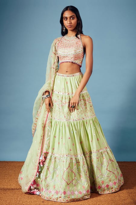 Buy Tamanna Punjabi Kapoor Green Organza, Chanderi Foil Work, Gota Work, Embroidered Bridal Lehenga Set at Aza Fashions Buy_Tamanna Punjabi Kapoor_Green Organza, Chanderi Foil Work, Gota Work, Embroidered Bridal Lehenga Set _at_Aza_Fashions