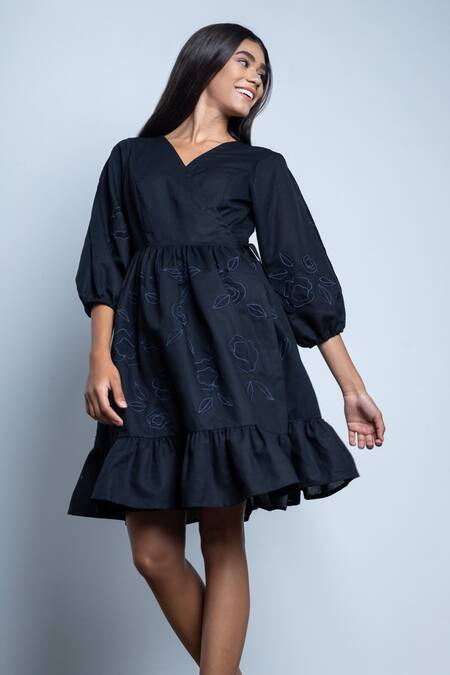 Doodlage_Black Upcycled Cotton Floral Applique V Neck Meaya Wrap Dress _Online_at_Aza_Fashions