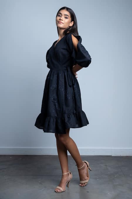 Buy_Doodlage_Black Upcycled Cotton Floral Applique V Neck Meaya Wrap Dress _Online_at_Aza_Fashions