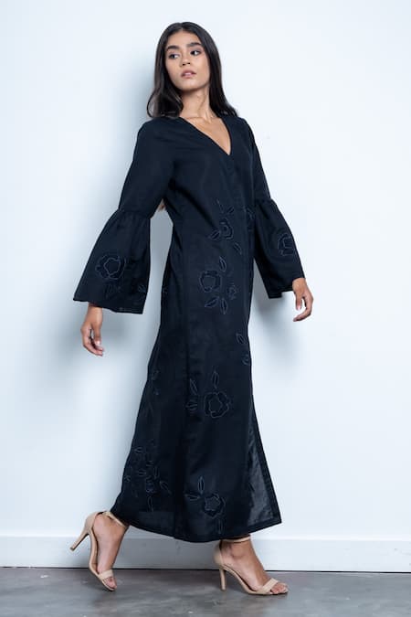 Doodlage Black Upcycled Cotton Floral Applique V Neck Mitsy Dress  2