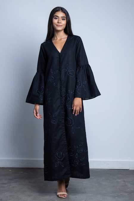 Doodlage Black Upcycled Cotton Floral Applique V Neck Mitsy Dress  3