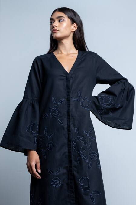 Doodlage Black Upcycled Cotton Floral Applique V Neck Mitsy Dress  4