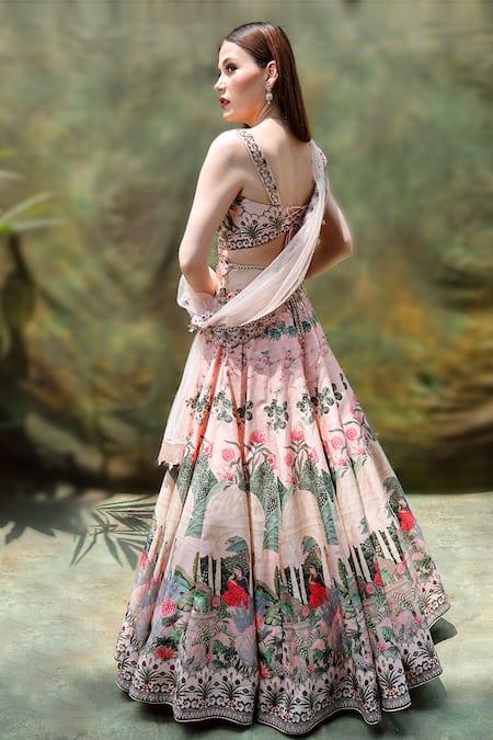 Shop_Archana Kochhar_Pink Lehenga And Blouse Raw Silk Dupatta Net Regal Paradise Printed Bridal Set _at_Aza_Fashions