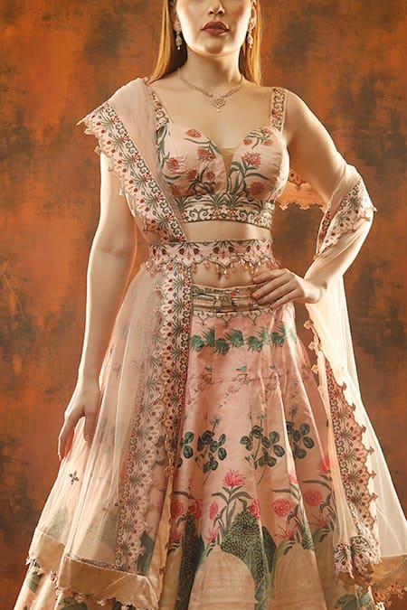 Buy_Archana Kochhar_Pink Lehenga And Blouse Raw Silk Dupatta Net Regal Paradise Printed Bridal Set _Online_at_Aza_Fashions