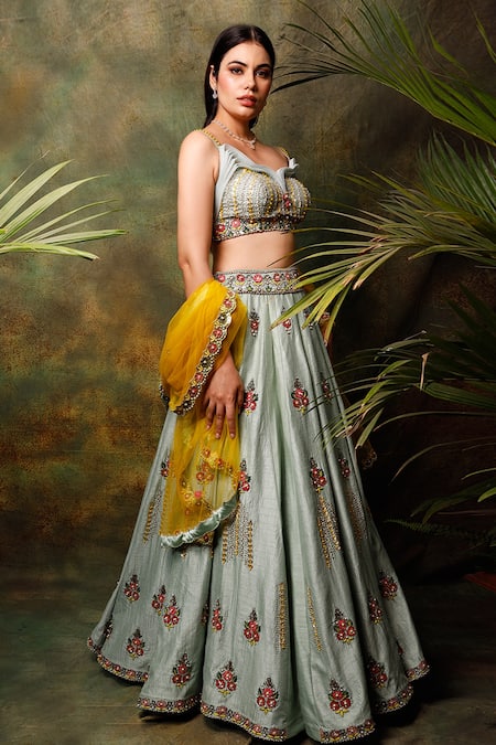 Archana Kochhar_Green Lehenga And Blouse Raw Silk Dupatta Net Neckline Floral Embroidered Set _Online_at_Aza_Fashions