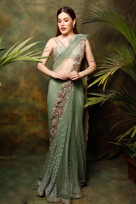 Archana Kochhar_Green Net Dori, Gota, Sequins, Beads Scoop Celadon Pre-draped Saree With Blouse _Online_at_Aza_Fashions