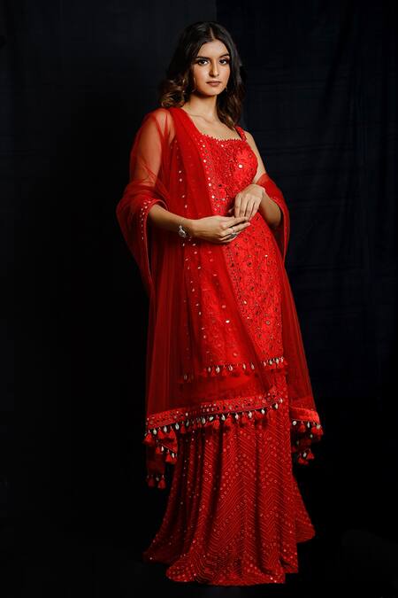 Archana Kochhar Red Chanderi (vegan And Eco Friendly) Mirror, Shimmer Rouge Kurta Sharara Set Online at Aza Fashions Archana Kochhar_Red Chanderi (vegan And Eco Friendly) Mirror, Shimmer Rouge Kurta Sharara Set _Online_at_Aza_Fashions