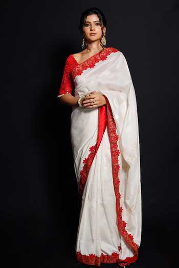 Archana Kochhar_White Saree Silk (vegan And Eco Friendly) Blouse Raw Shimmering Rouge With _Online_at_Aza_Fashions