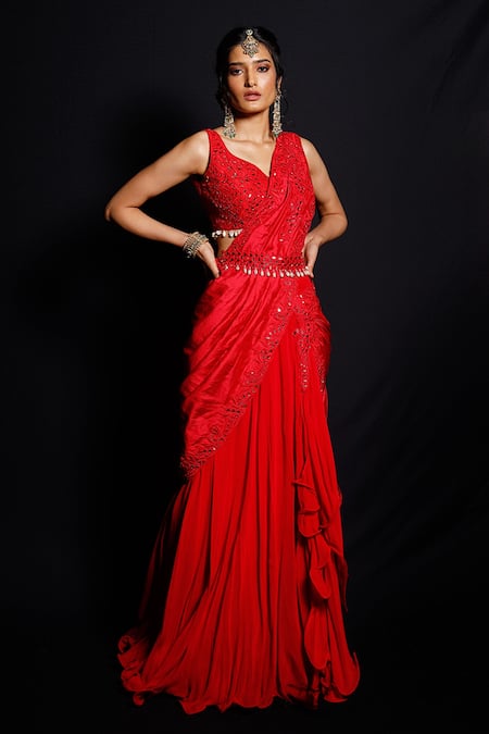 Archana Kochhar Red Palla Silk (vegan And Eco Friendly) Blouse Shimmering Rouge Pre-drape Set 