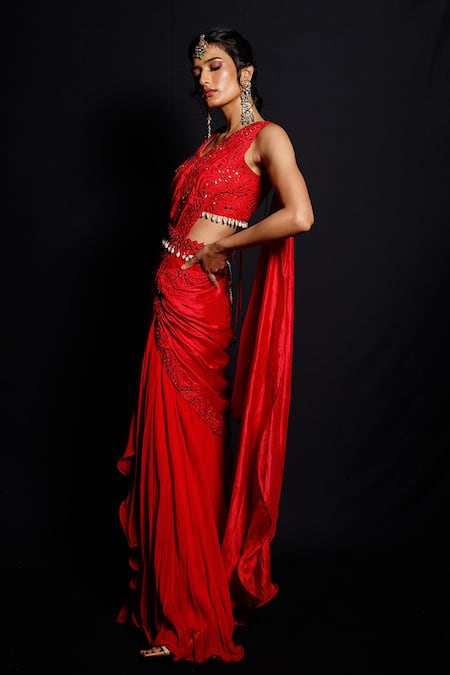 Archana Kochhar Red Palla Silk (vegan And Eco Friendly) Blouse Shimmering Rouge Pre-drape Set Online at Aza Fashions Archana Kochhar_Red Palla Silk (vegan And Eco Friendly) Blouse Shimmering Rouge Pre-drape Set _Online_at_Aza_Fashions